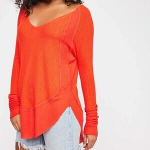 Free People Catalina Orange Waffle Knit Thermal Shirt Boho Slouchy Tunic Size XS